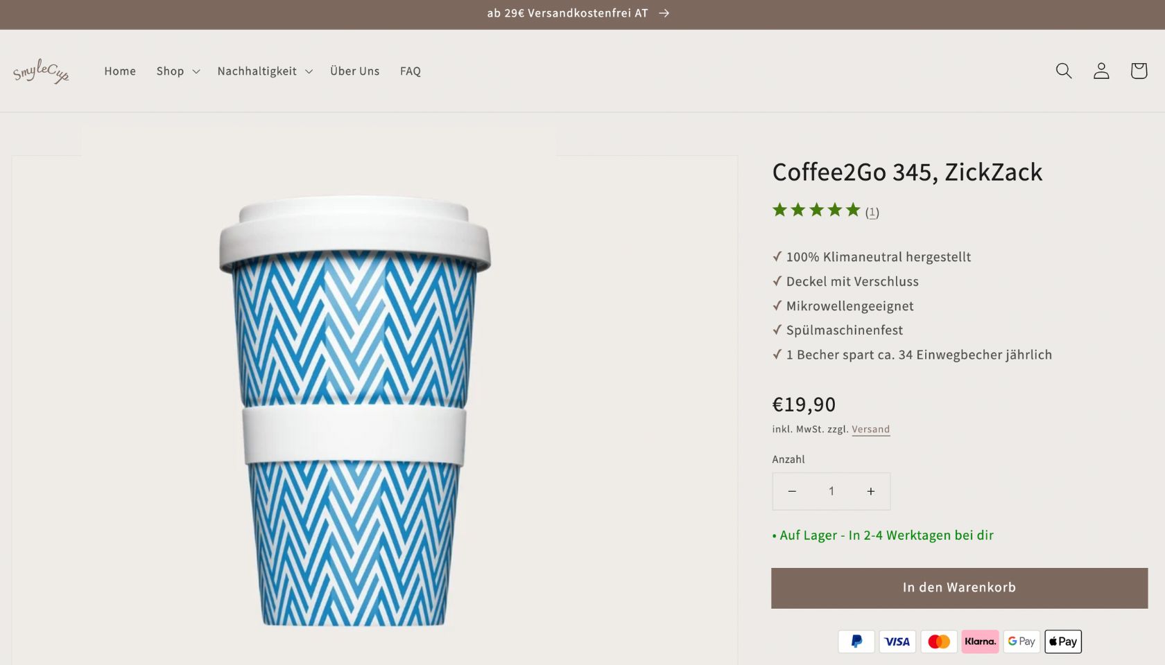 Produktseite vom SmyleCup Online Shop mit Blauen Coffee to Go Becher