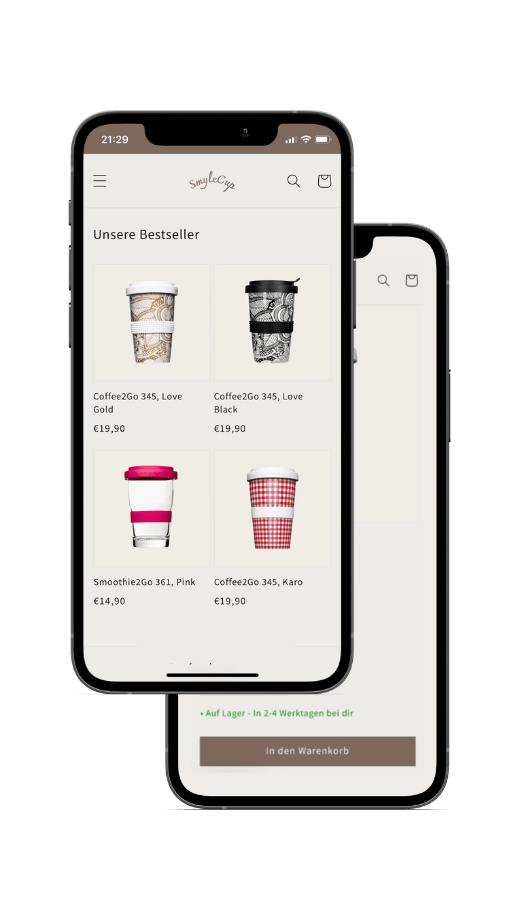 Zwei Smartphones zeigen Online Shop mit Coffee to Go Becher von SmyleCup