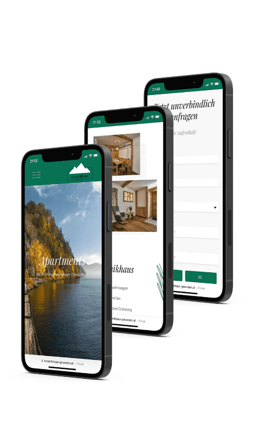 Drei Smartphones zeigen mobile Ansichten der Website von Keramikhaus Gmunden